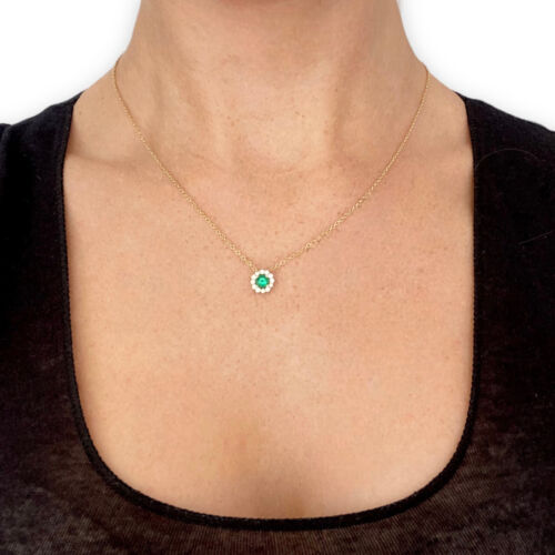 Green Emerald &  Diamond Halo Necklace in 14k Yellow Gold