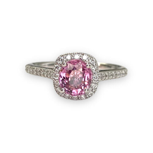 1.54 Pink Spinel With Diamond Halo Ring in 14k White Gold