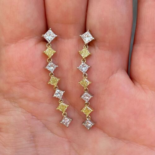 14k 2-Tone Gold Princess Square Diamond Dangle Drop Long Earrings 2.57 CTTW