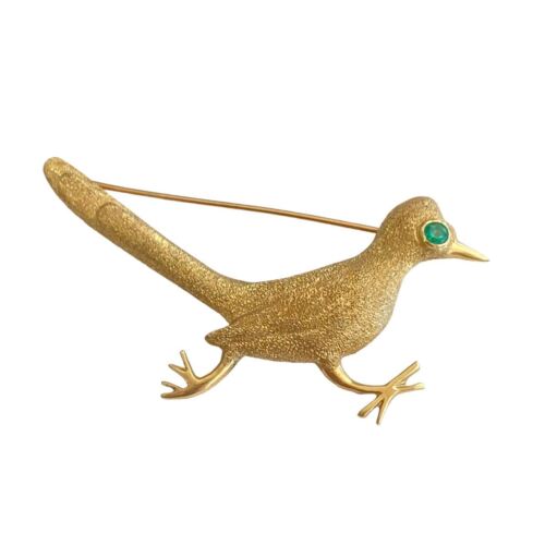 14k Gold Roadrunner Bird With Emerald Eye Brooch Pin