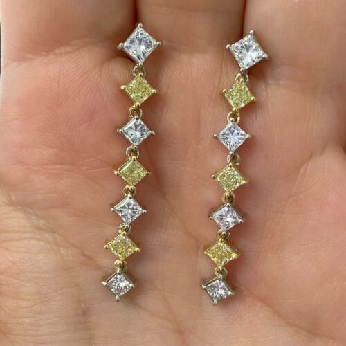14k 2-Tone Gold Princess Square Diamond Dangle Drop Long Earrings 2.57 CTTW
