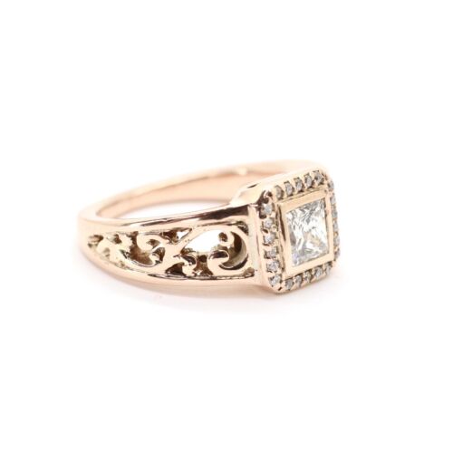 Vintage Filigree Princess Cut Diamond Halo Engagement Ring in 14k Rose Gold