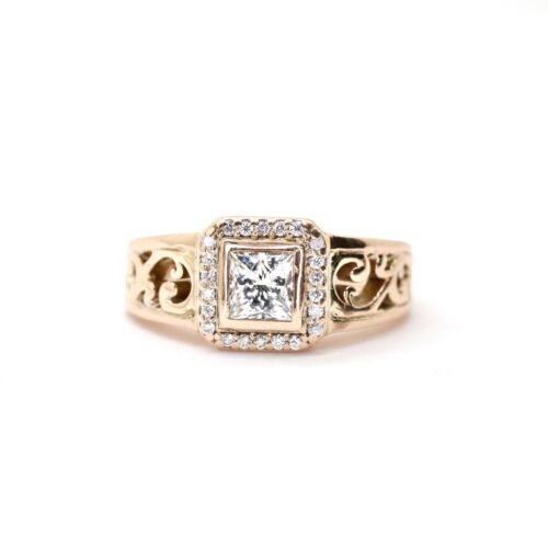 Vintage Filigree Princess Cut Diamond Halo Engagement Ring in 14k Rose Gold