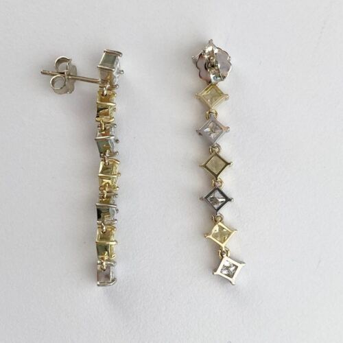 14k 2-Tone Gold Princess Square Diamond Dangle Drop Long Earrings 2.57 CTTW