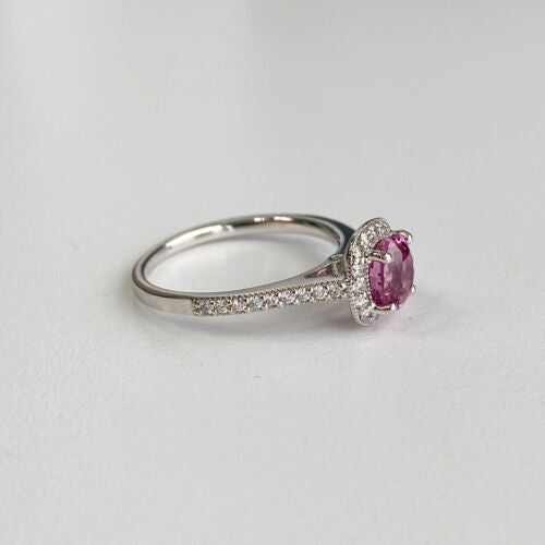 1.54 Pink Spinel With Diamond Halo Ring in 14k White Gold