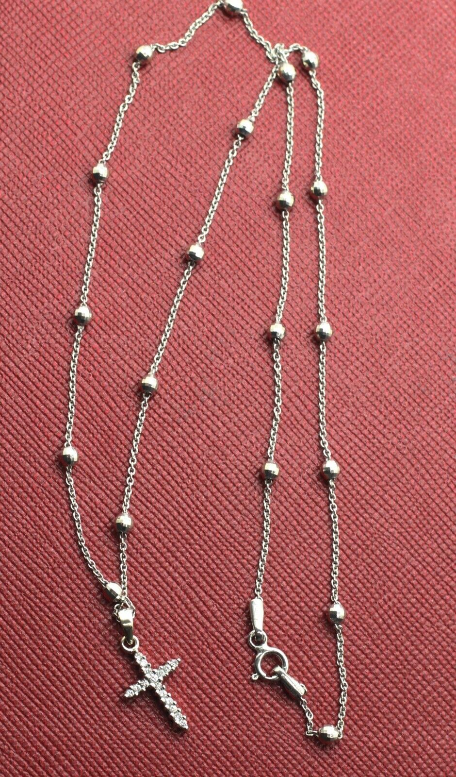 14k White Gold Cross Pendant With Diamond in Beads Rolo Chain