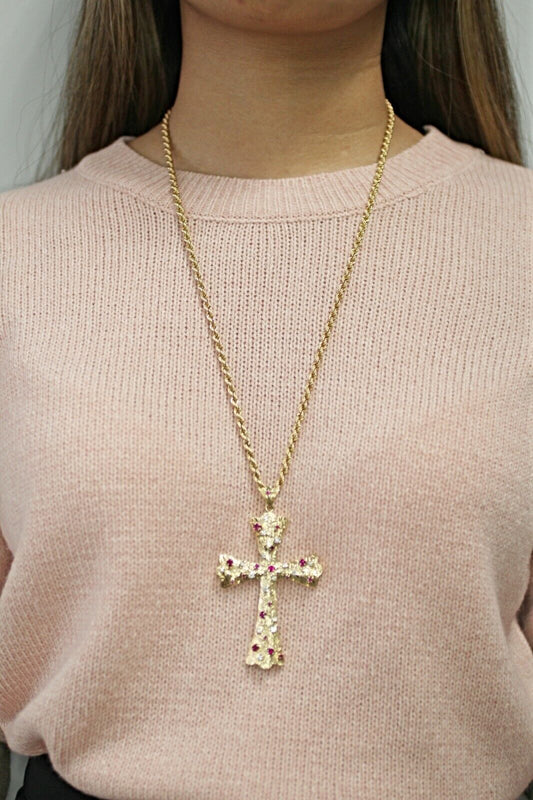 14k Yellow Gold Necklace/Cross Pendant With Diamond and Ruby 64.59gtw
