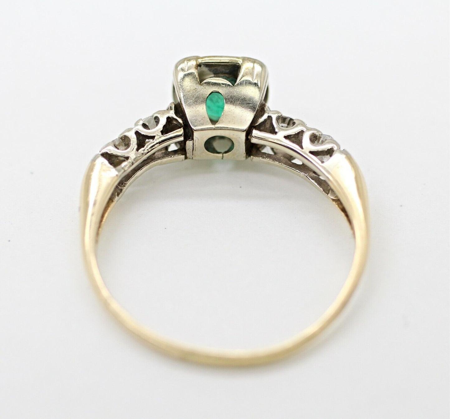 14k Two Tone Gold Emerald Old Cut Ring With Diamonds 0.26ctw 6us