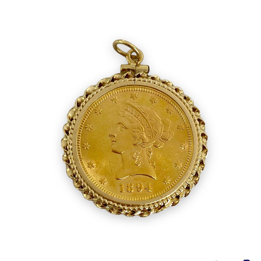 1894 $10 Dollar Liberty Gold Coin Pendant in 14k Gold