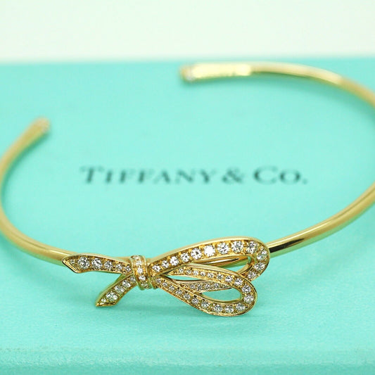 Authentic Tiffany and Co. 18k Yellow Gold Diamond Bow Cuff Bracelet Wire Bangle