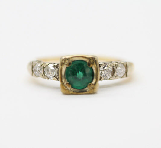 14k Two Tone Gold Emerald Old Cut Ring With Diamonds 0.26ctw 6us