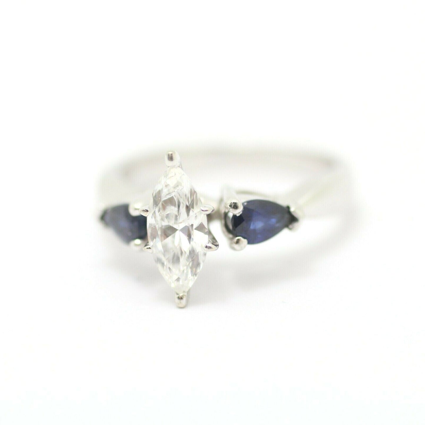 Marquise Diamond and Pearshaped Blue Sapphire Solitaire Ring in 14k White Gold