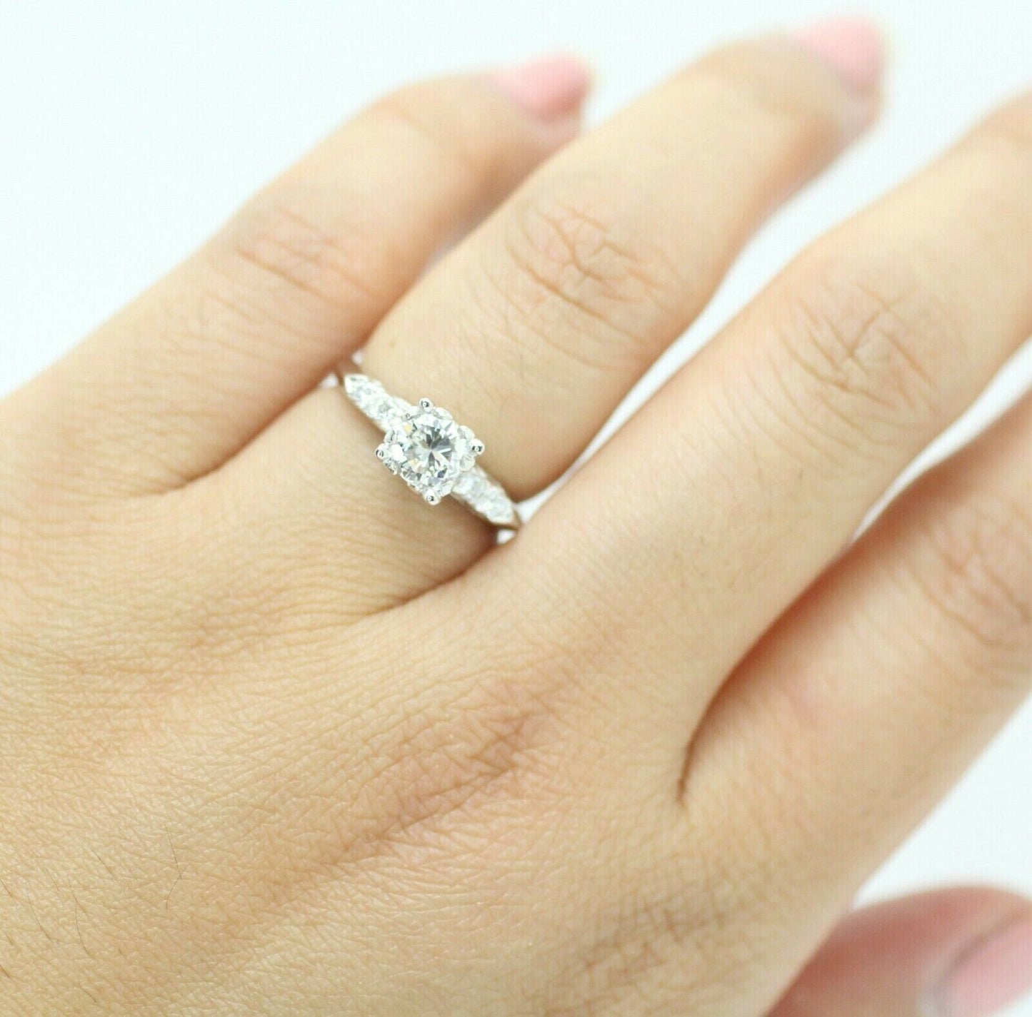 Platinum Vintage Round Cut Diamond Solitaire Accent Engagement Ring 4.75us