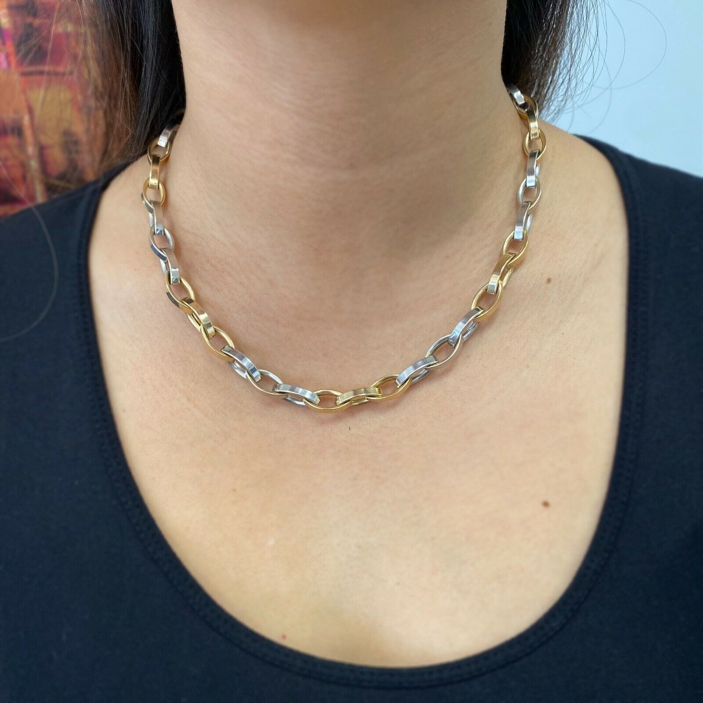 14k 2-Tone Yellow & White Gold Chain Rolo Oval Big Links Necklace 18inch