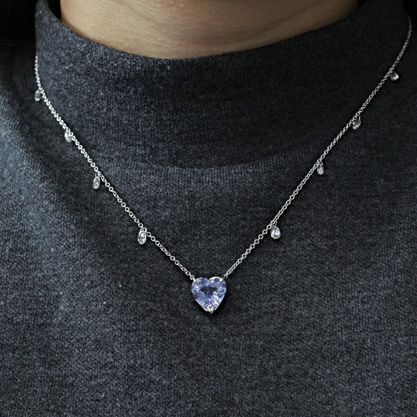 5.53 Carat Heart Shape Violet Sapphire Pendant With Briolette Diamonds 18"
