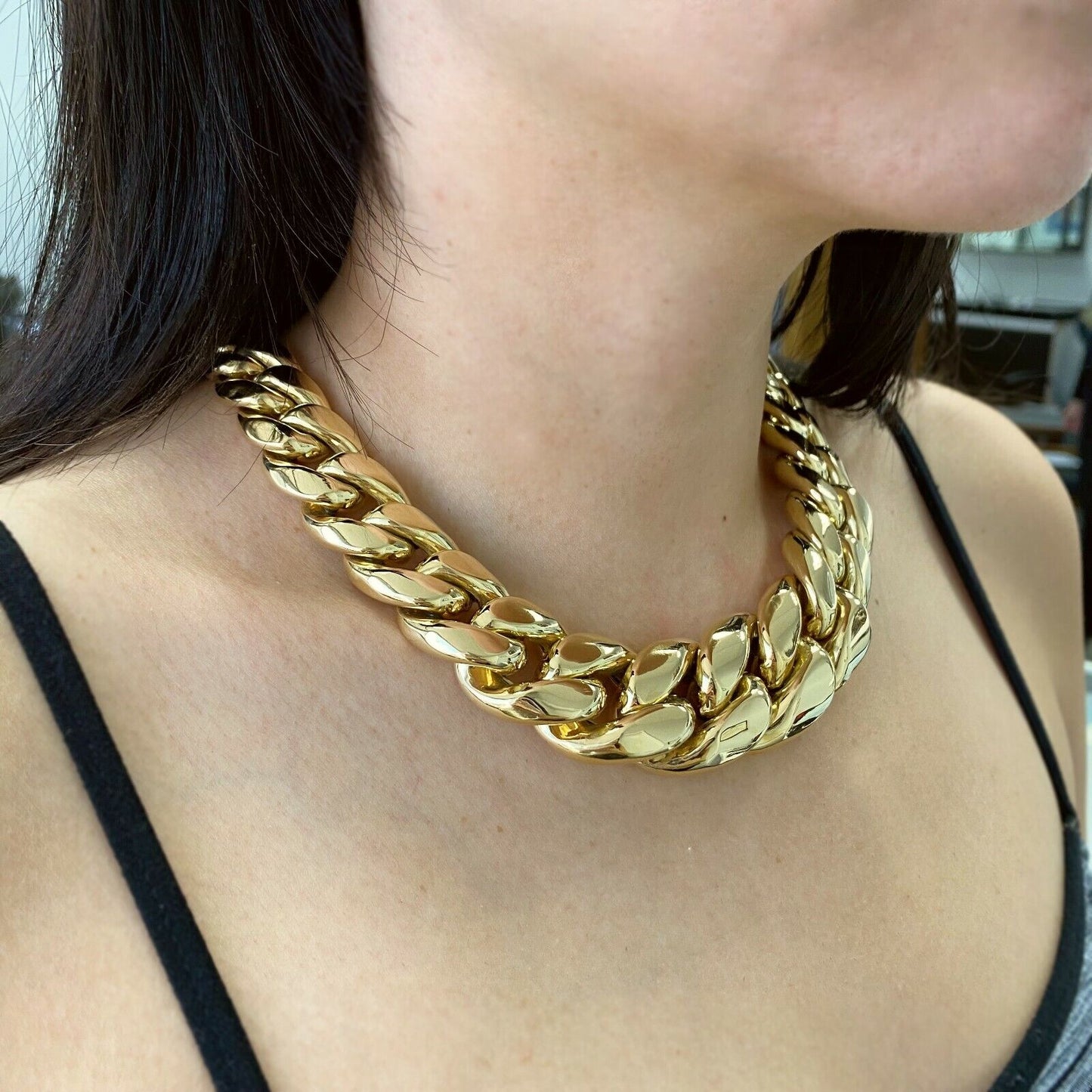 18k Yellow Gold Hollow Cuban Graduated Choker Chain Necklace