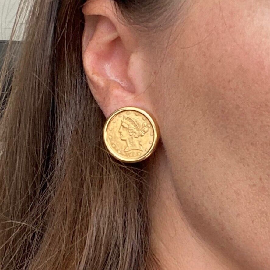 1905 Gold $5 Dollar Liberty Coin Clip Earrings in 18k Yellow Gold