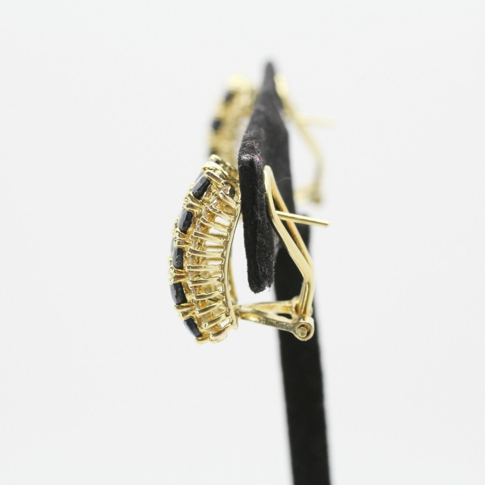 Oval Cut Blue Sapphire & Diamond Huggie Earrings Leverback in 14k Yellow Gold