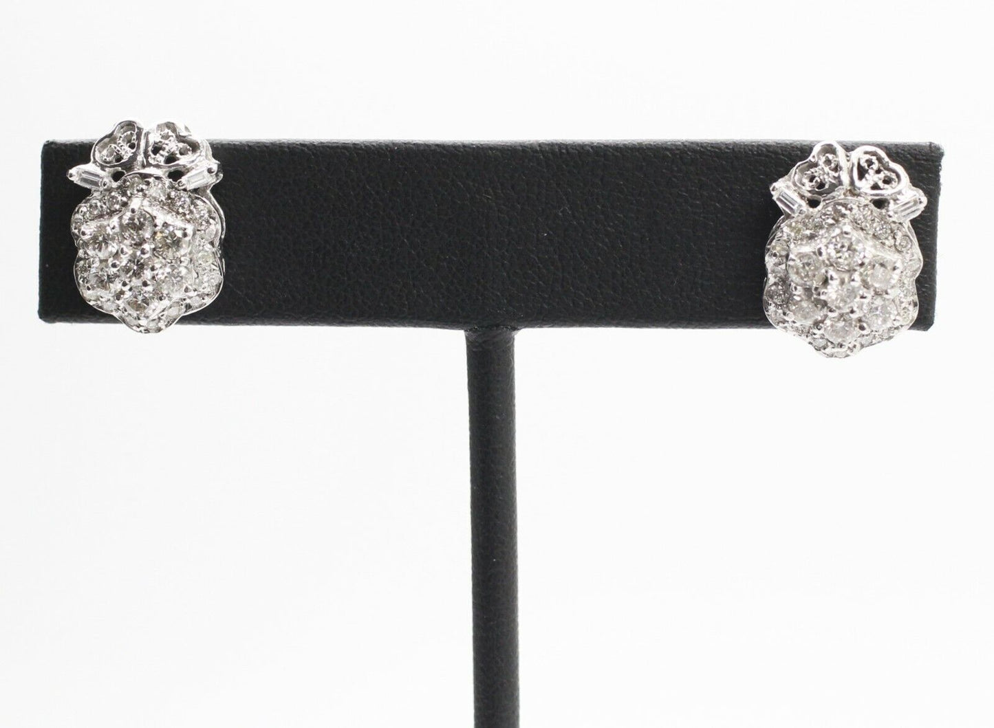 Palladium Cluster Stud Earrings With Round Diamond and Baguettes