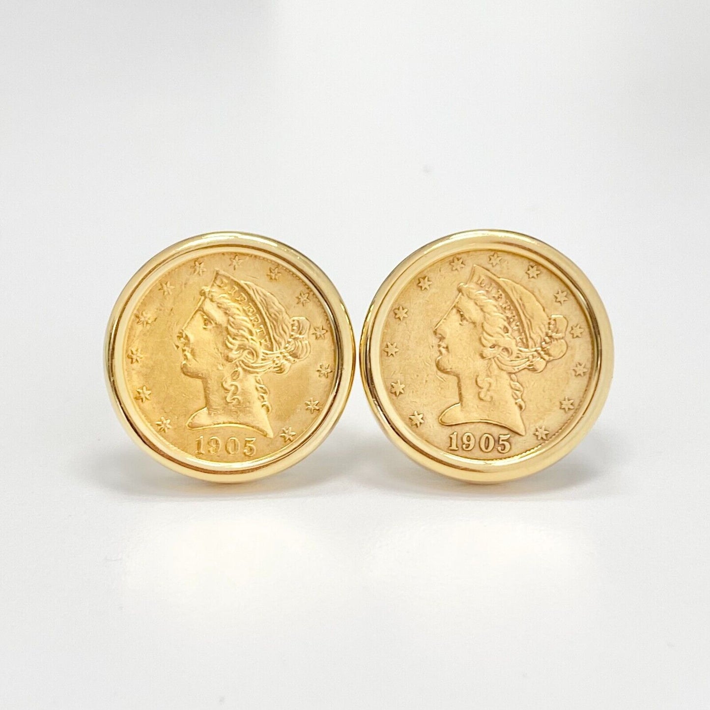 1905 Gold $5 Dollar Liberty Coin Clip Earrings in 18k Yellow Gold