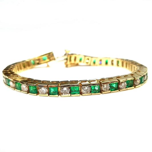 18k Yellow Gold Emerald & Diamonds Tennis Bracelet 6.5"