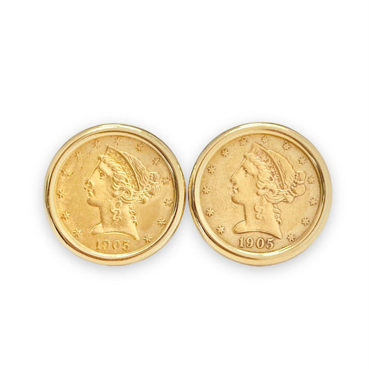1905 Gold $5 Dollar Liberty Coin Clip Earrings in 18k Yellow Gold
