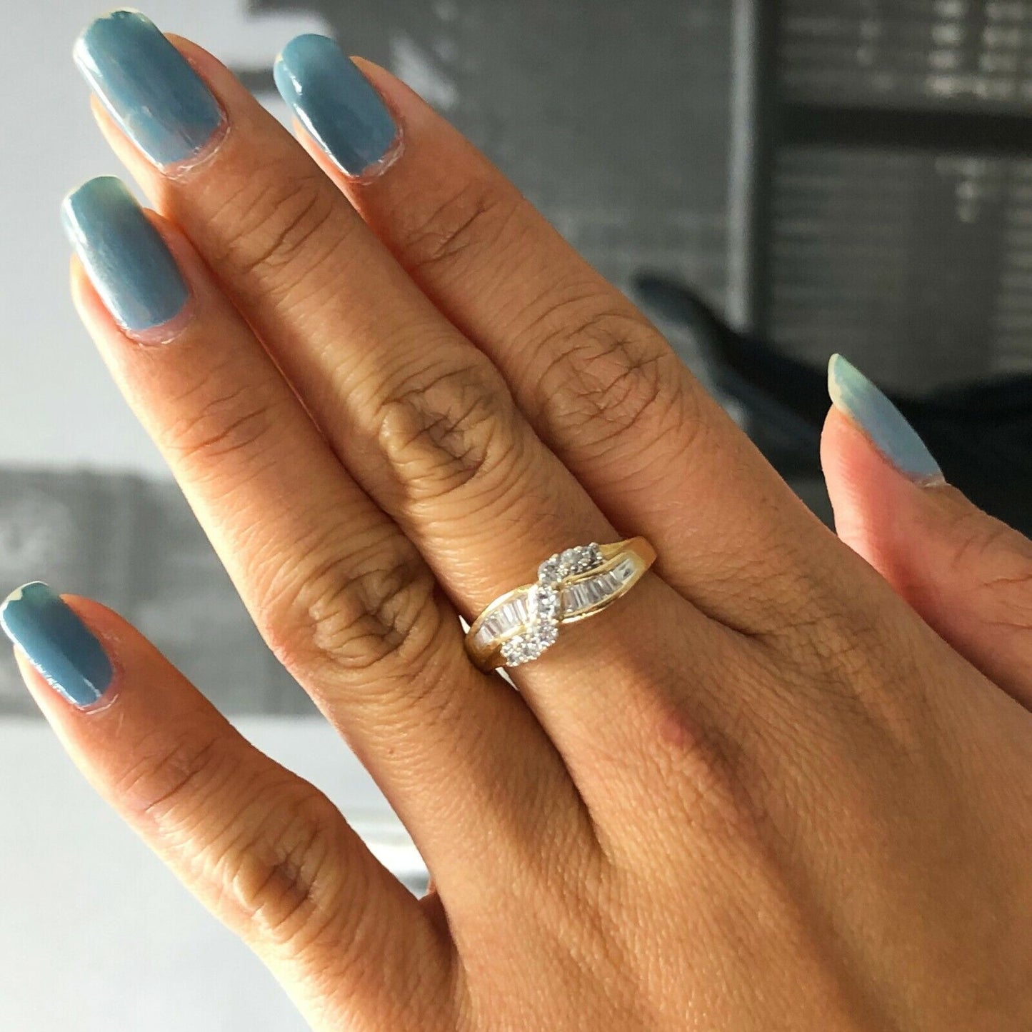 Criss Cross 14k Yellow Gold Ring With Round/Baguette Diamonds 0.46ctw 7us