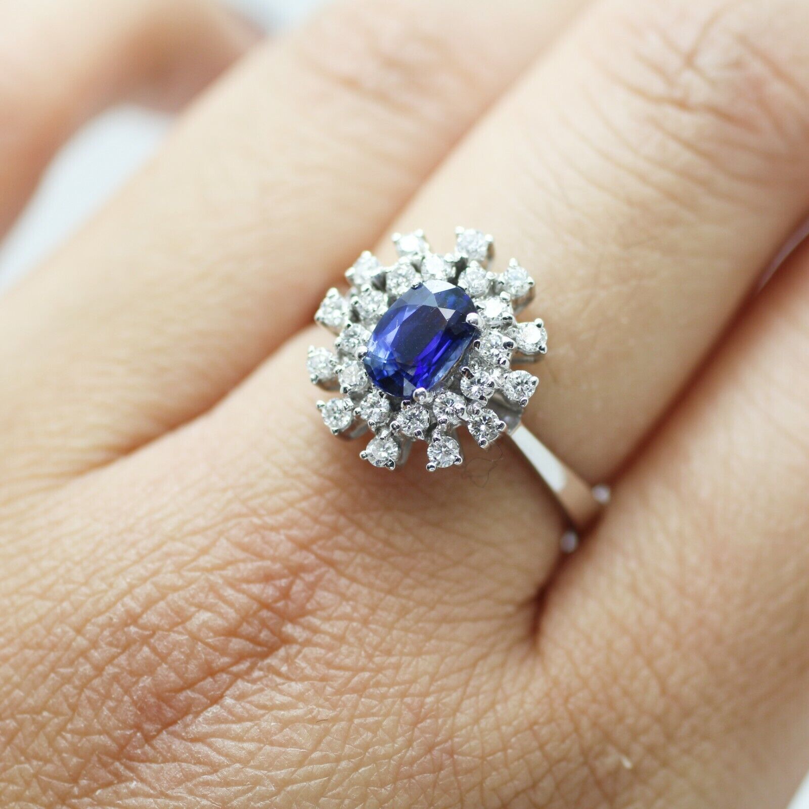 Classic Oval Blue Sapphire With Diamonds Cluster Ring in 18k White Gold 7us