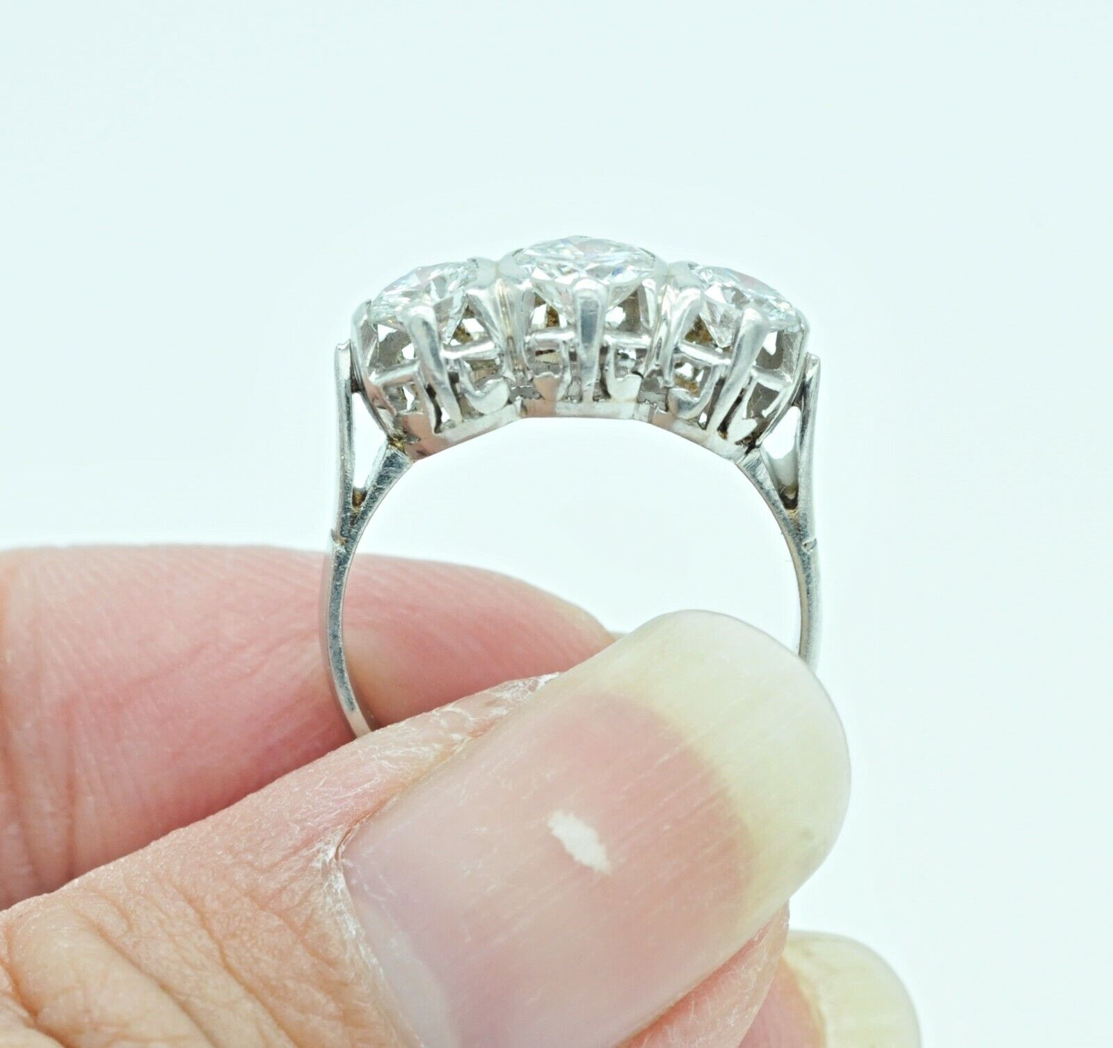 Antique Three Stone Round Diamond Engagement Ring in 14k White Gold 5us