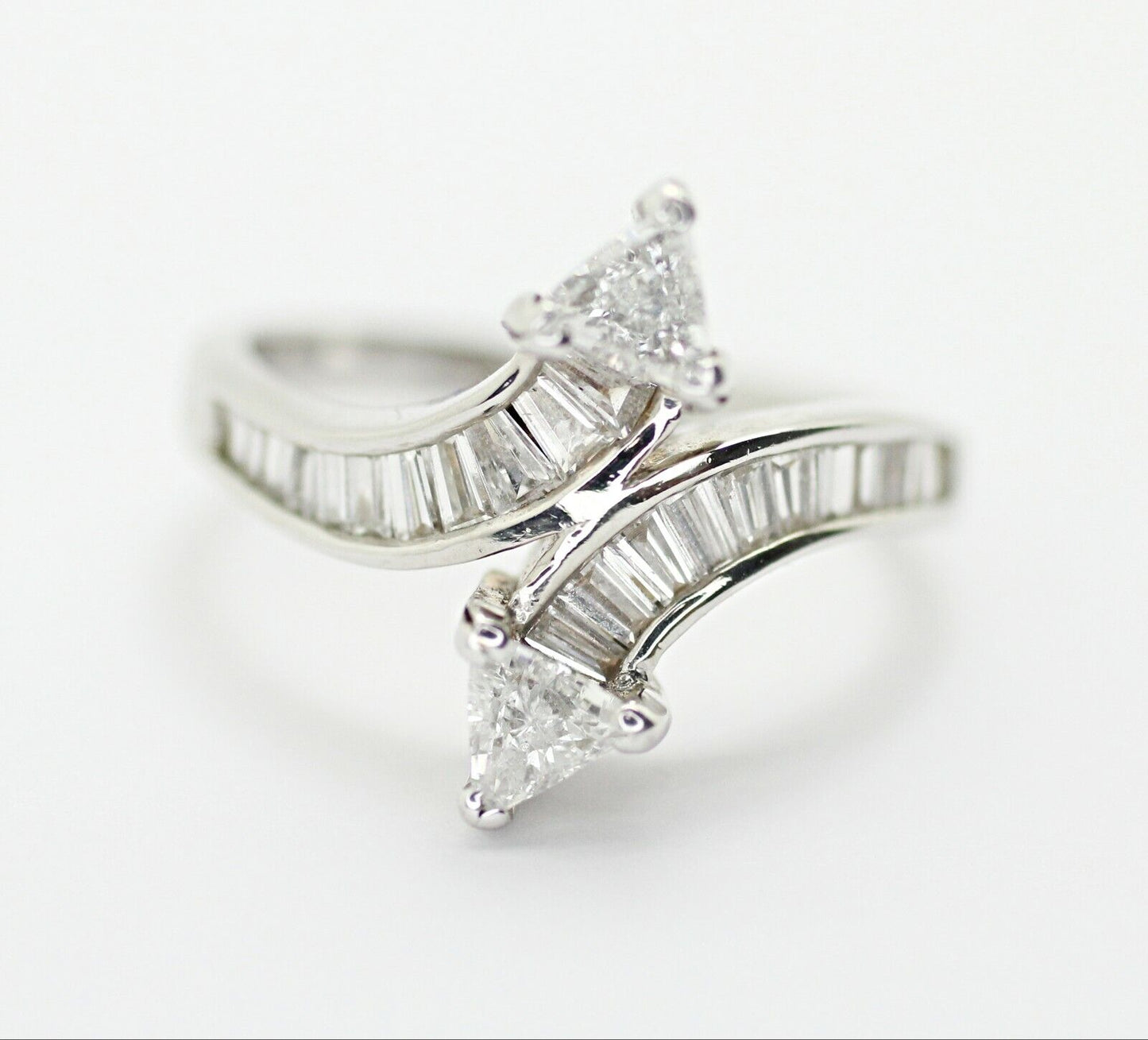 Art Deco Trillion and Baguette Diamond Engagement Twisted Ring in 14k White Gold
