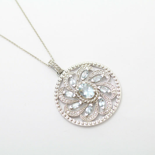 Elegant Oval Aquamarine and Diamonds Flower Circle Pendant in 14k White Gold