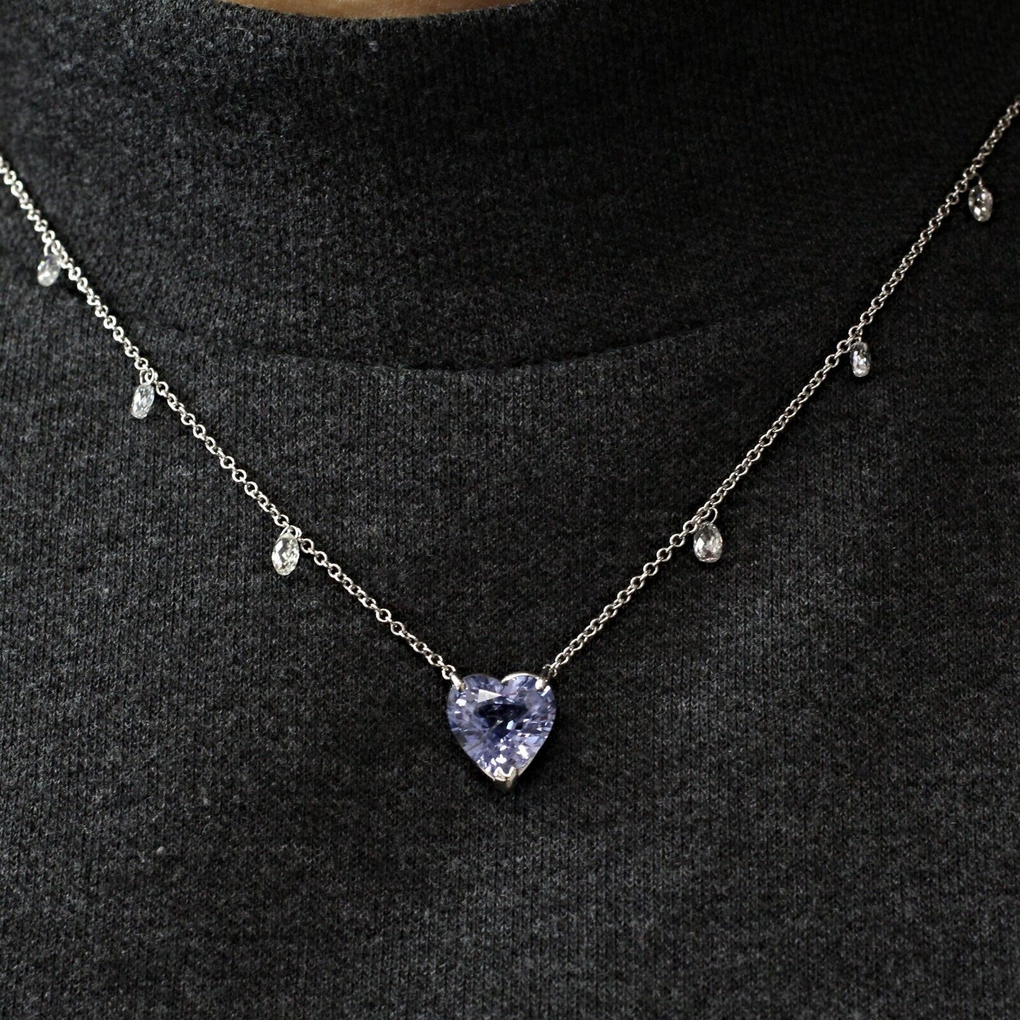 5.53 Carat Heart Shape Violet Sapphire Pendant With Briolette Diamonds 18"