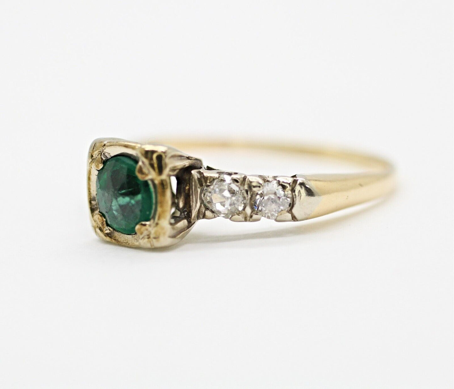 14k Two Tone Gold Emerald Old Cut Ring With Diamonds 0.26ctw 6us