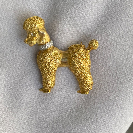 18k Yellow Gold Poodle Dog Puppy Brooch 0.15ctw F vs 16.43g