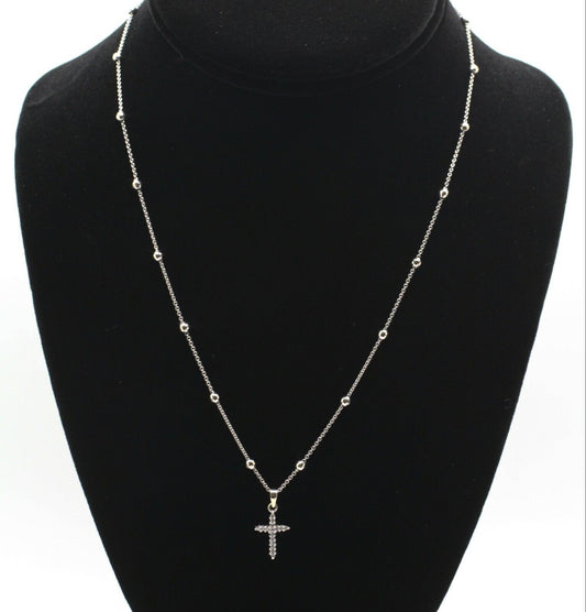 14k White Gold Cross Pendant With Diamond in Beads Rolo Chain
