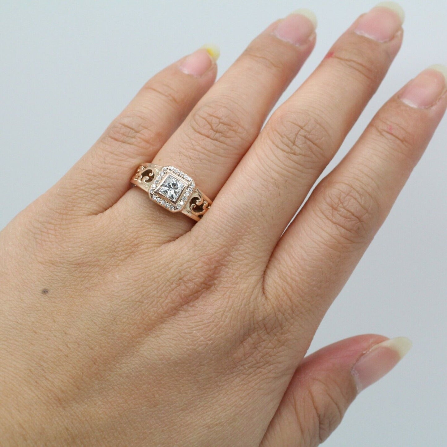 Vintage Filigree Princess Cut Diamond Halo Engagement Ring in 14k Rose Gold