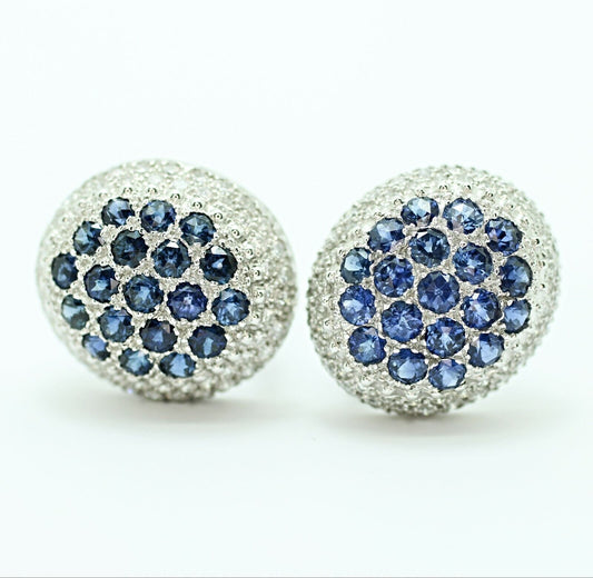 Blue Sapphire and Diamonds Pave Dome Clip on Earrings in 18k White Gold