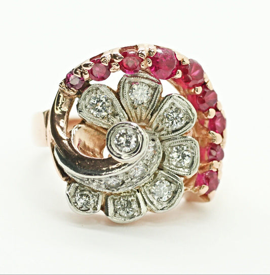 14k Rose Gold Ruby and Diamonds Cluster Ring 7us