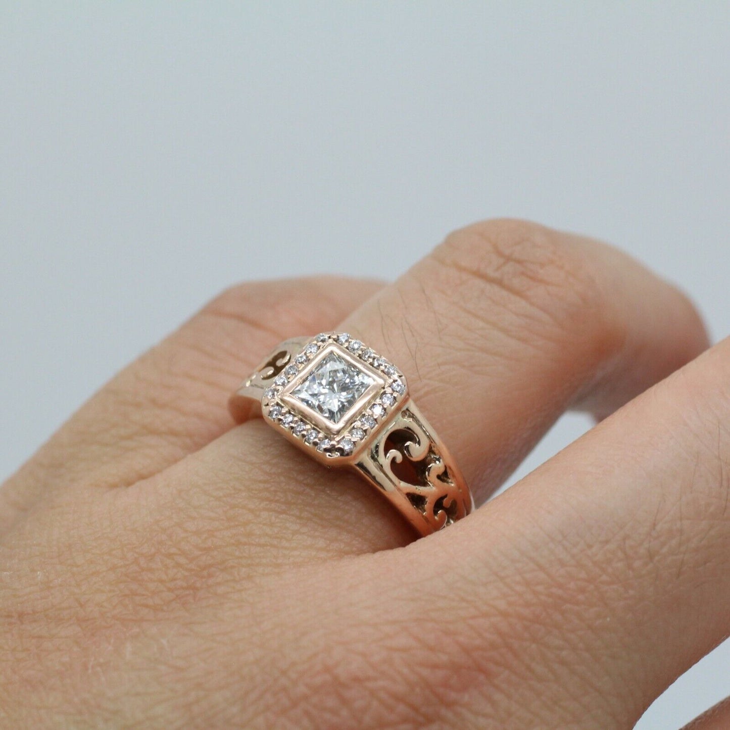 Vintage Filigree Princess Cut Diamond Halo Engagement Ring in 14k Rose Gold