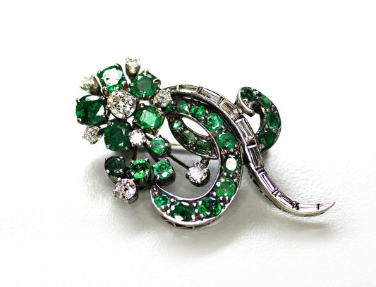 14k White Gold Vintage Art Deco Style Emerald & Diamond Brooch 3ctw