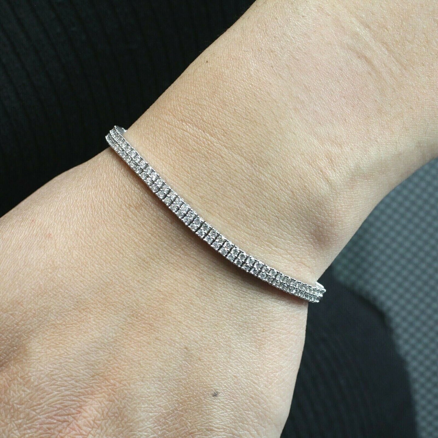 18k White Gold Double Row Round Diamond Tennis Bracelet 6.5"