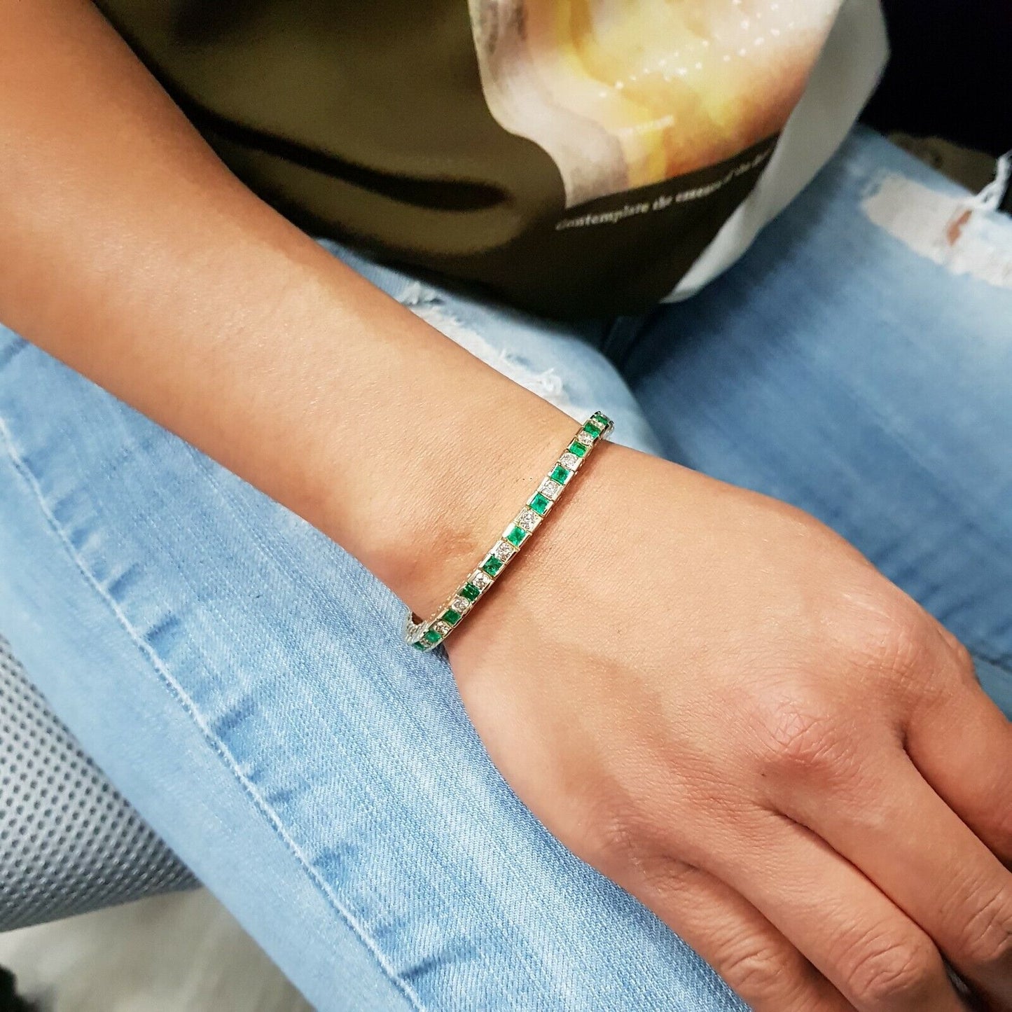 18k Yellow Gold Emerald & Diamonds Tennis Bracelet 6.5"