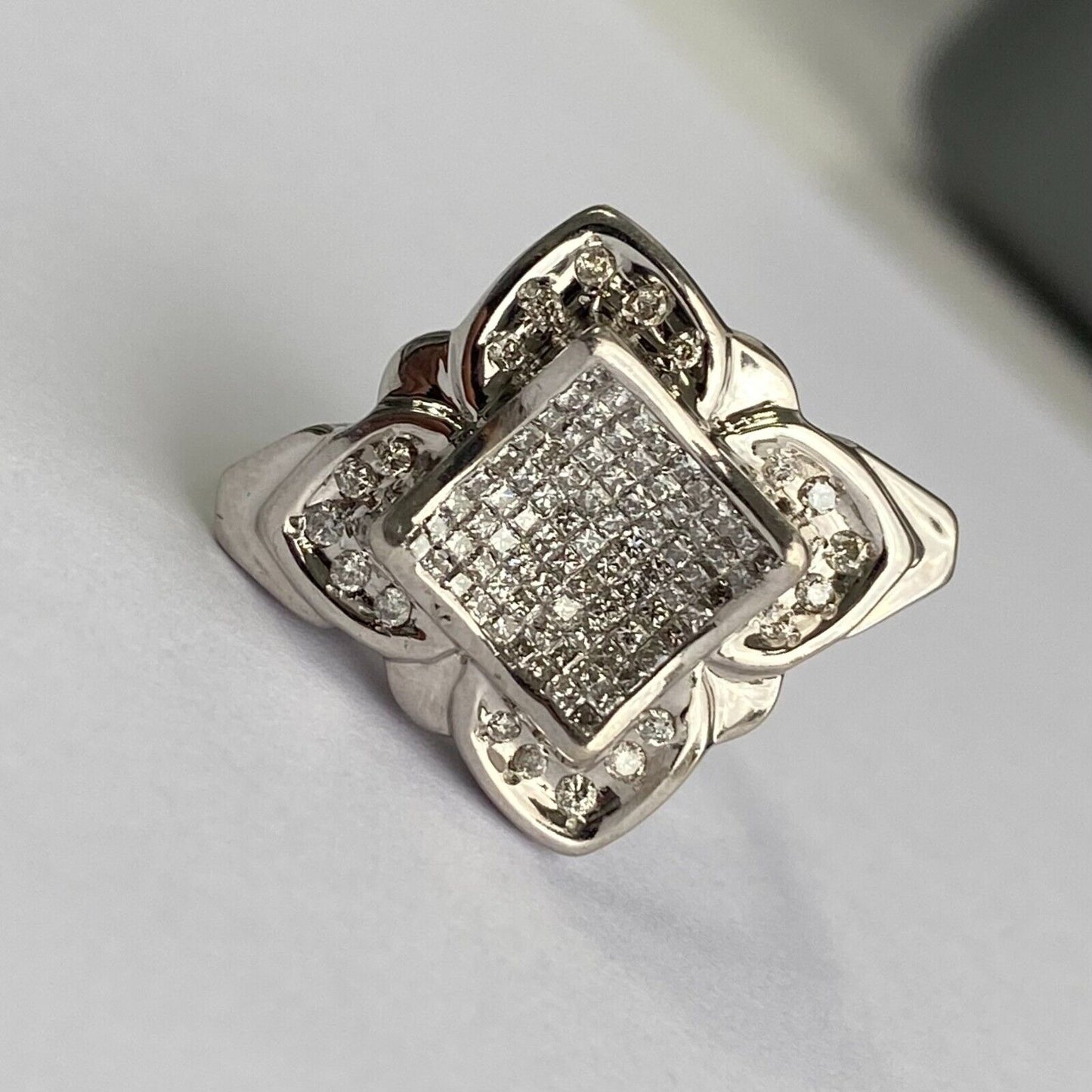 14k White Gold Princess Cut Diamond Cluster Coctail Ring