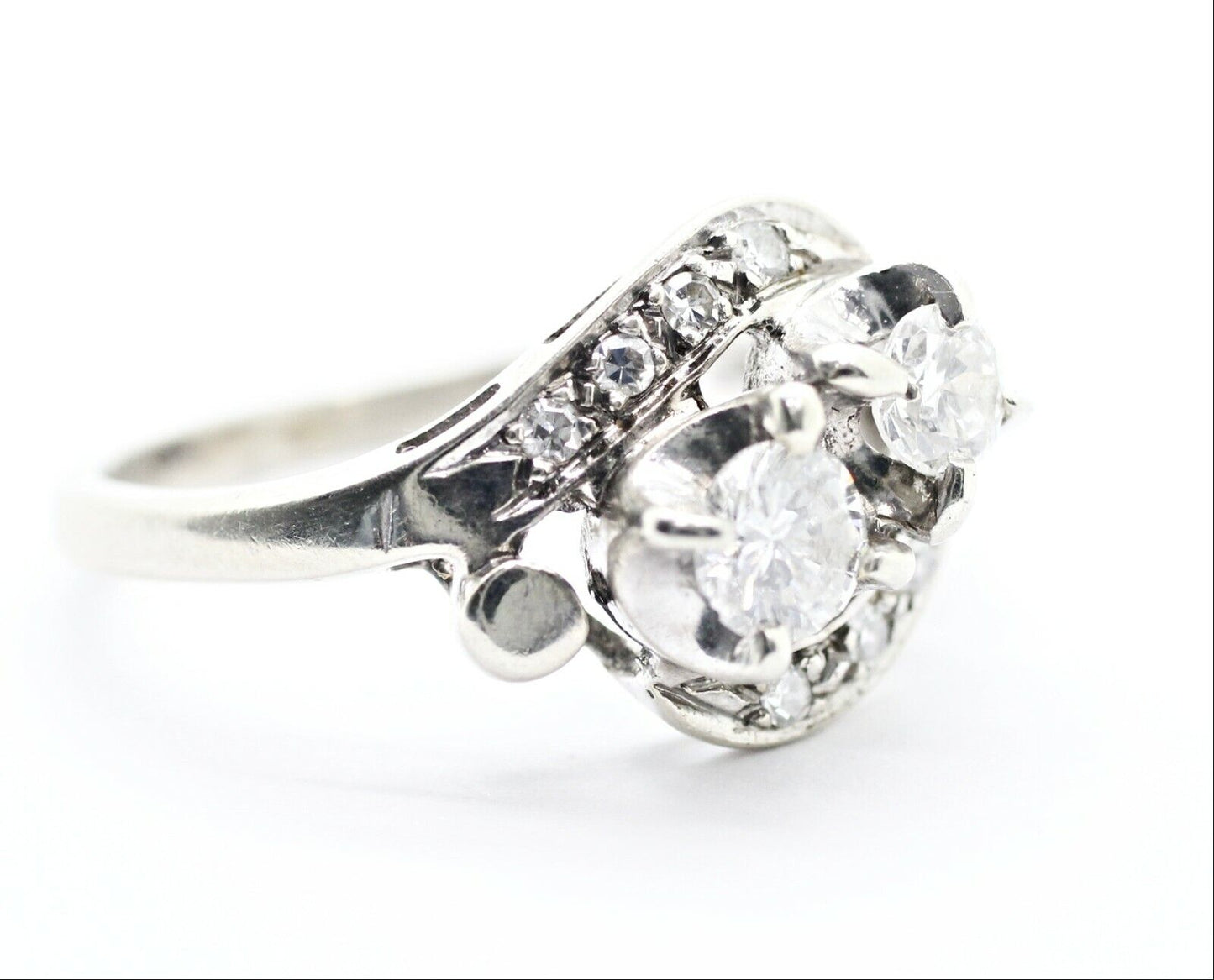 Vintage Two Stone Diamond Engagement Ring in 14k White Gold 7.75us