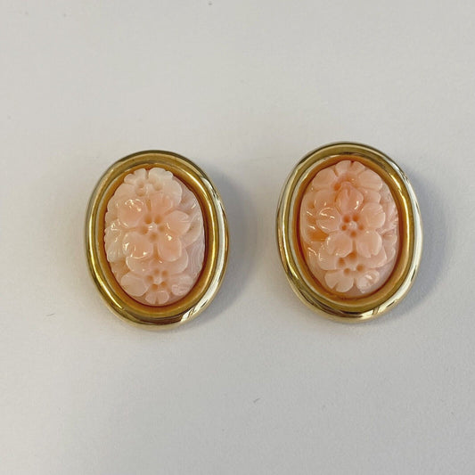 Vintage 14k Yellow Gold Carved Flowers Coral Oval Clip on Earrings