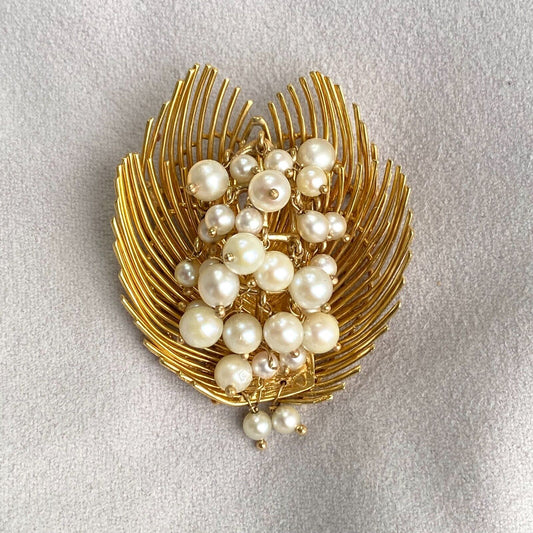 Vintage 16k Yellow Gold Pearl Brooch Pin