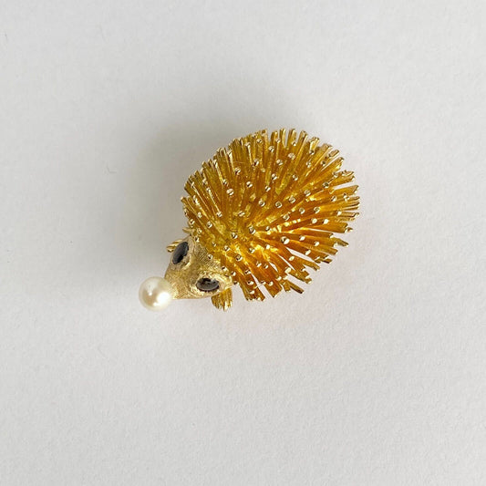 14k Yellow  Gold Pearl Hedgehog Brooch Pin