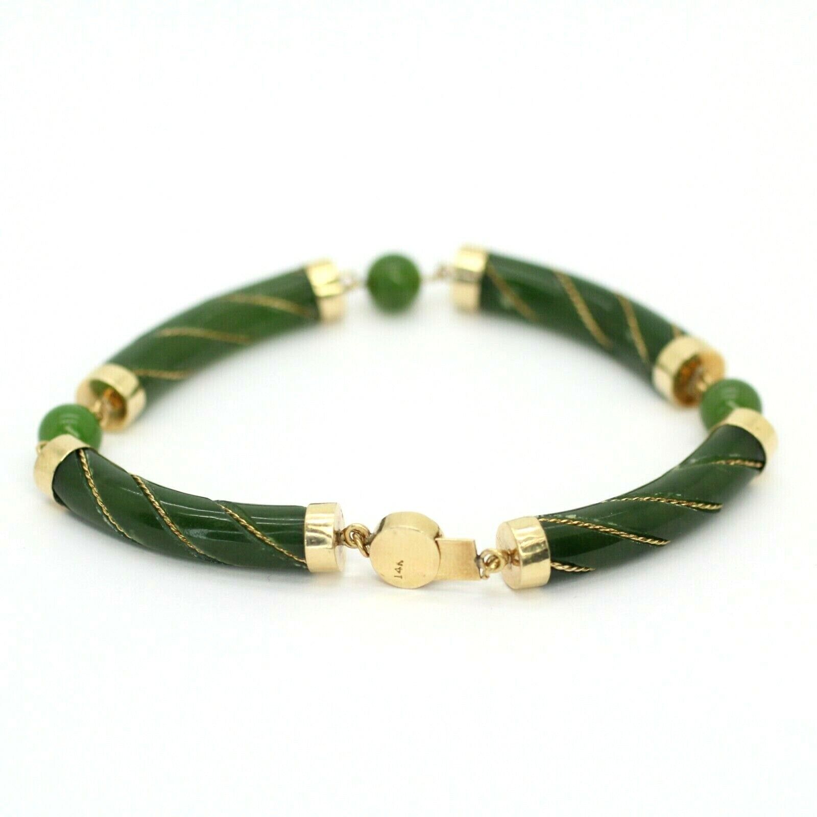 Vintage Forest Green Jade Gemstone Bracelet in 14k Yellow Gold 7.5"