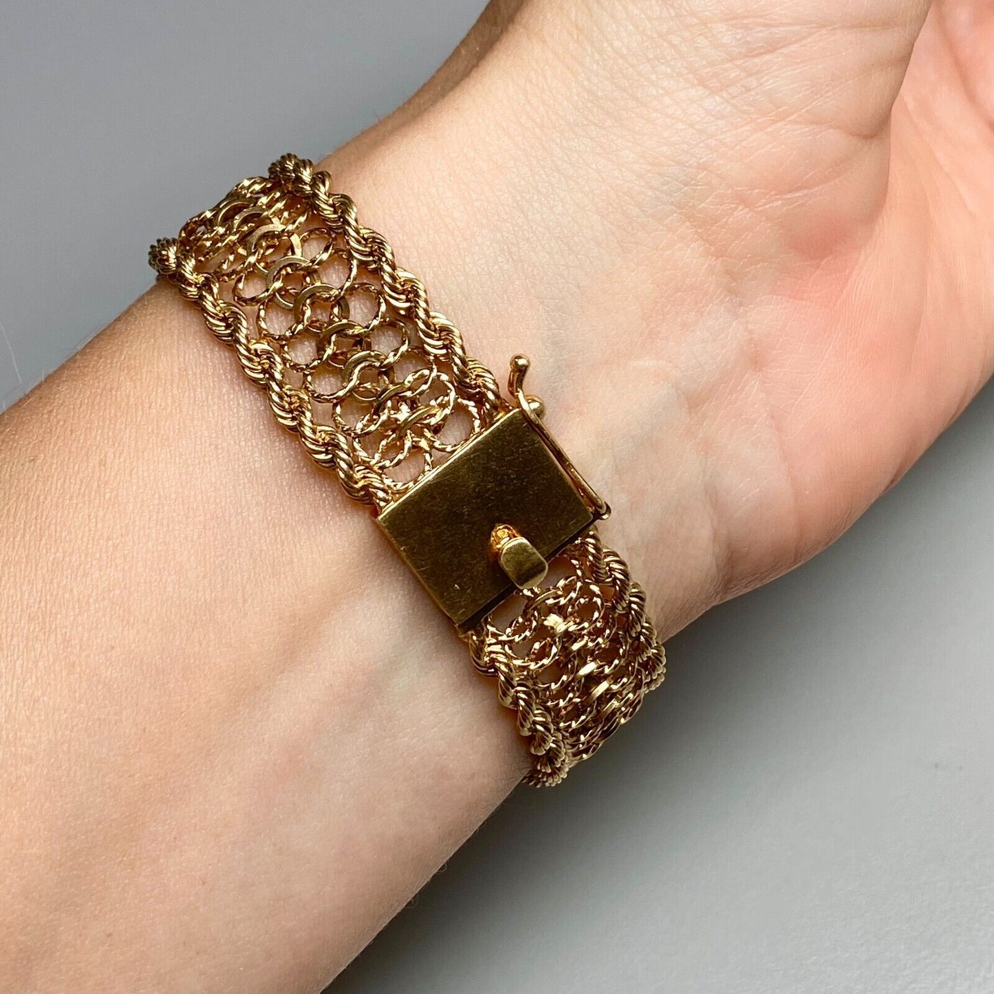14k Yellow Gold Chain Wide Lace Rope Bracelet 25.6gr 7"