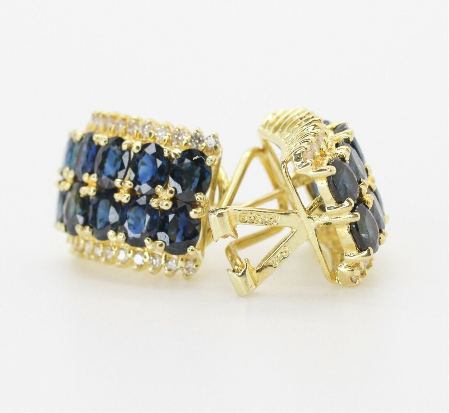 Oval Cut Blue Sapphire & Diamond Huggie Earrings Leverback in 14k Yellow Gold